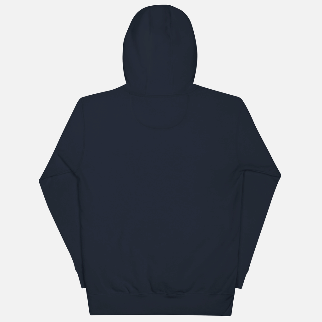 Rear view of navy blue hoodie with light grey background