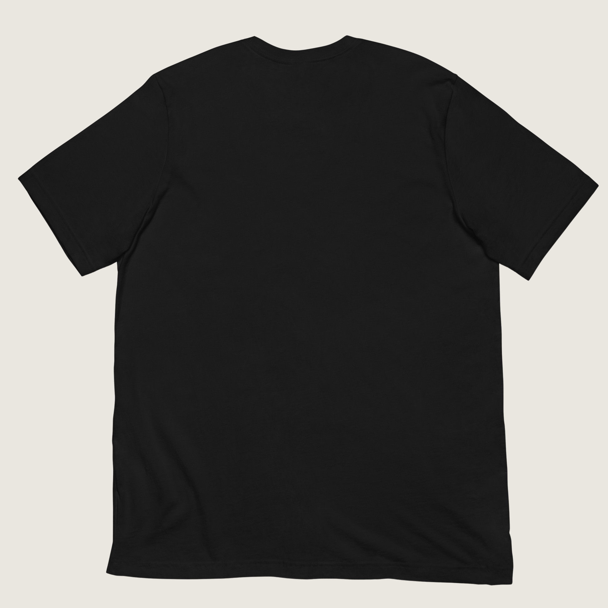 Brown t-shirt with a logo on the back against a beige background