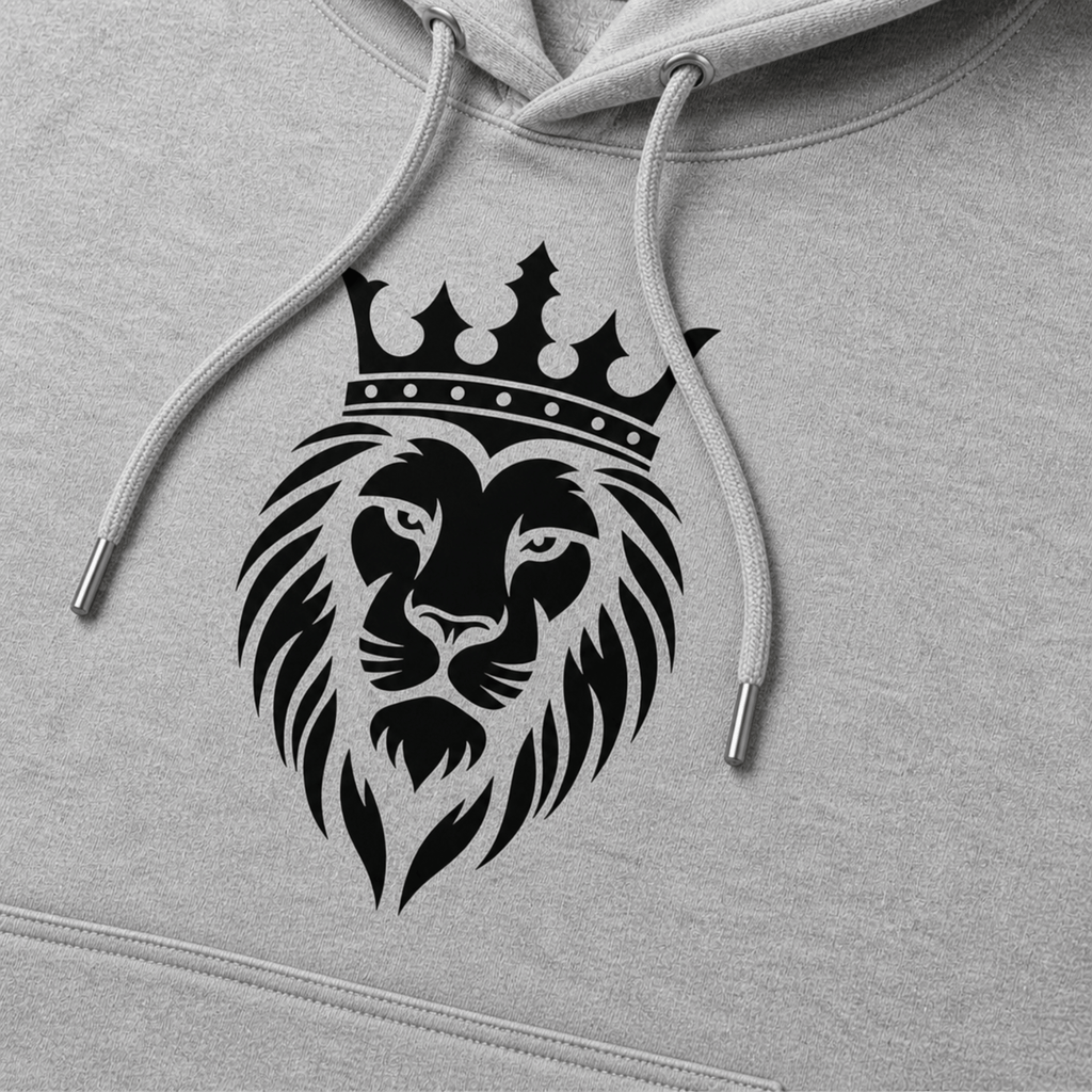 grey hoodie with a black lion wearing a crown design on the chest.