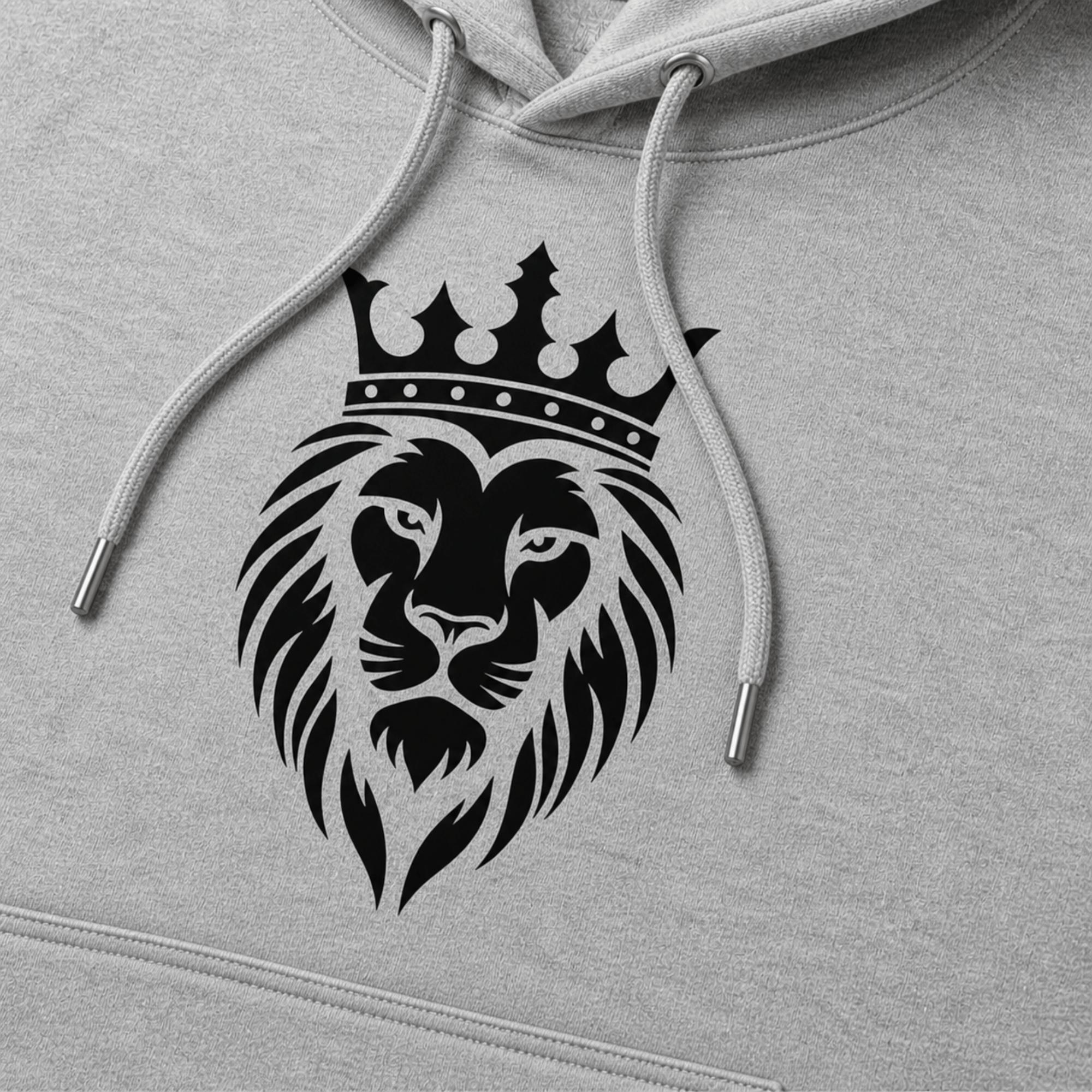 grey hoodie with a black lion wearing a crown design on the chest.