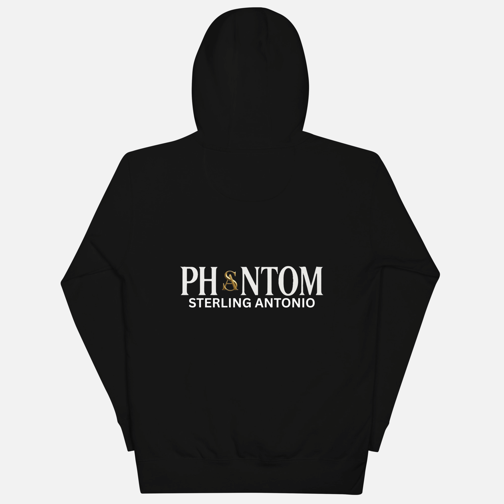 Black hoodie with a white cannabis leaf design on the back against a white background