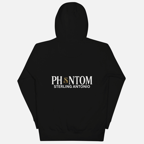 Black hoodie with a white cannabis leaf design on the back against a white background