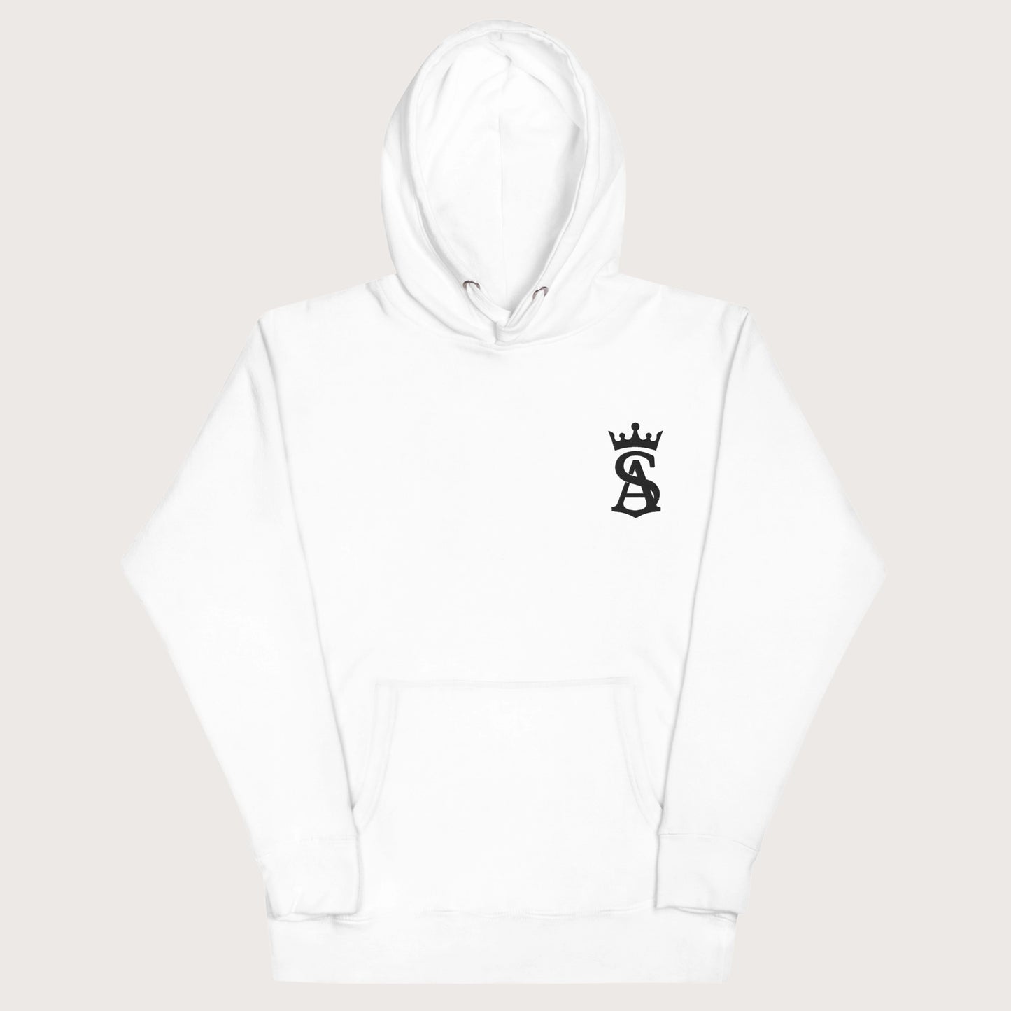 White hoodie with a black logo on a light gray background