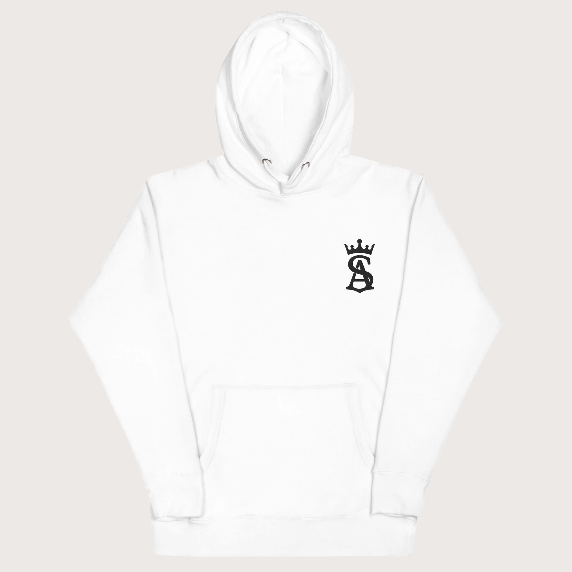 White hoodie with a black logo on a light gray background