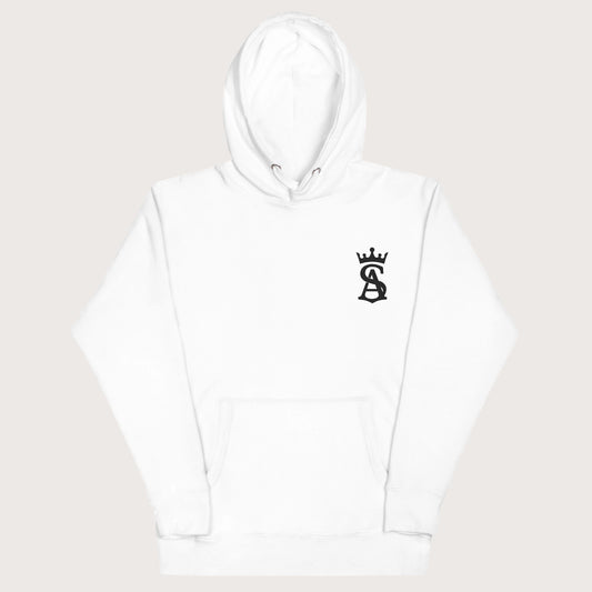 White hoodie with a black logo on a light gray background