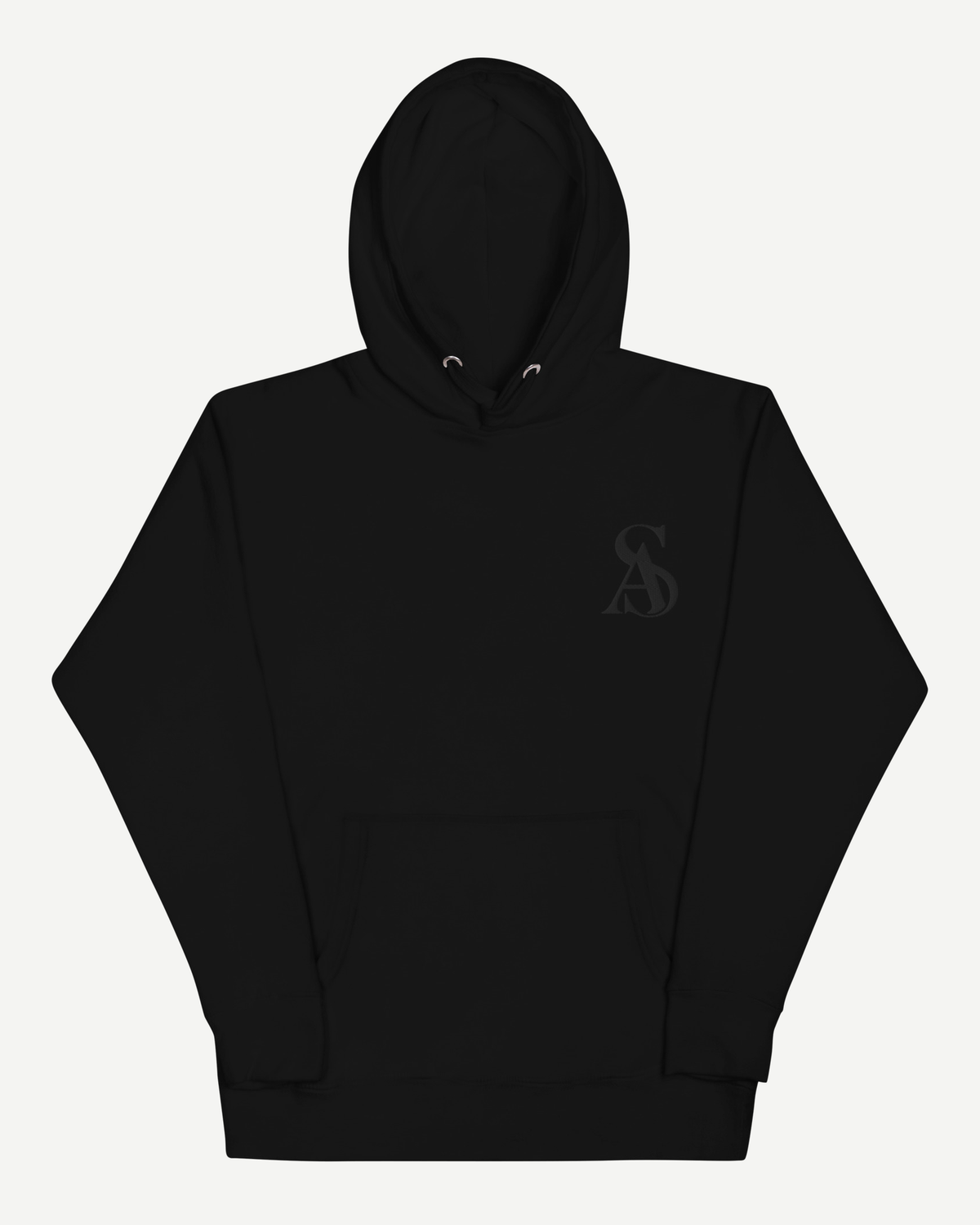 Black ring-spun cotton hoodie with a tonal black SA monogram embroidered at the chest, front pouch pocket and flat drawstrings.