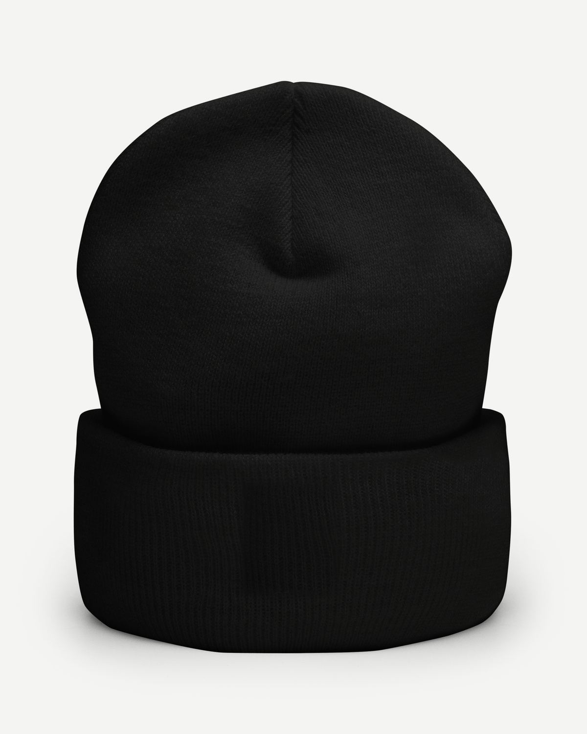 The Black Label Beanie, rear view. Black cuffed knit beanie with a plain fold-over cuff.