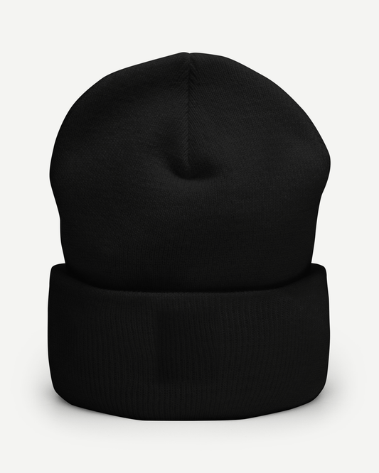 The Black Label Beanie, rear view. Black cuffed knit beanie with a plain fold-over cuff.
