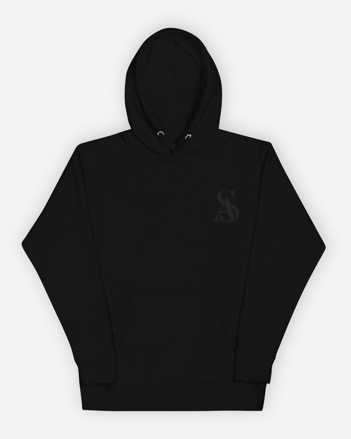 The Black Label Hoodie in black, front view, with tonal SA monogram on the left chest. Sterling Antonio