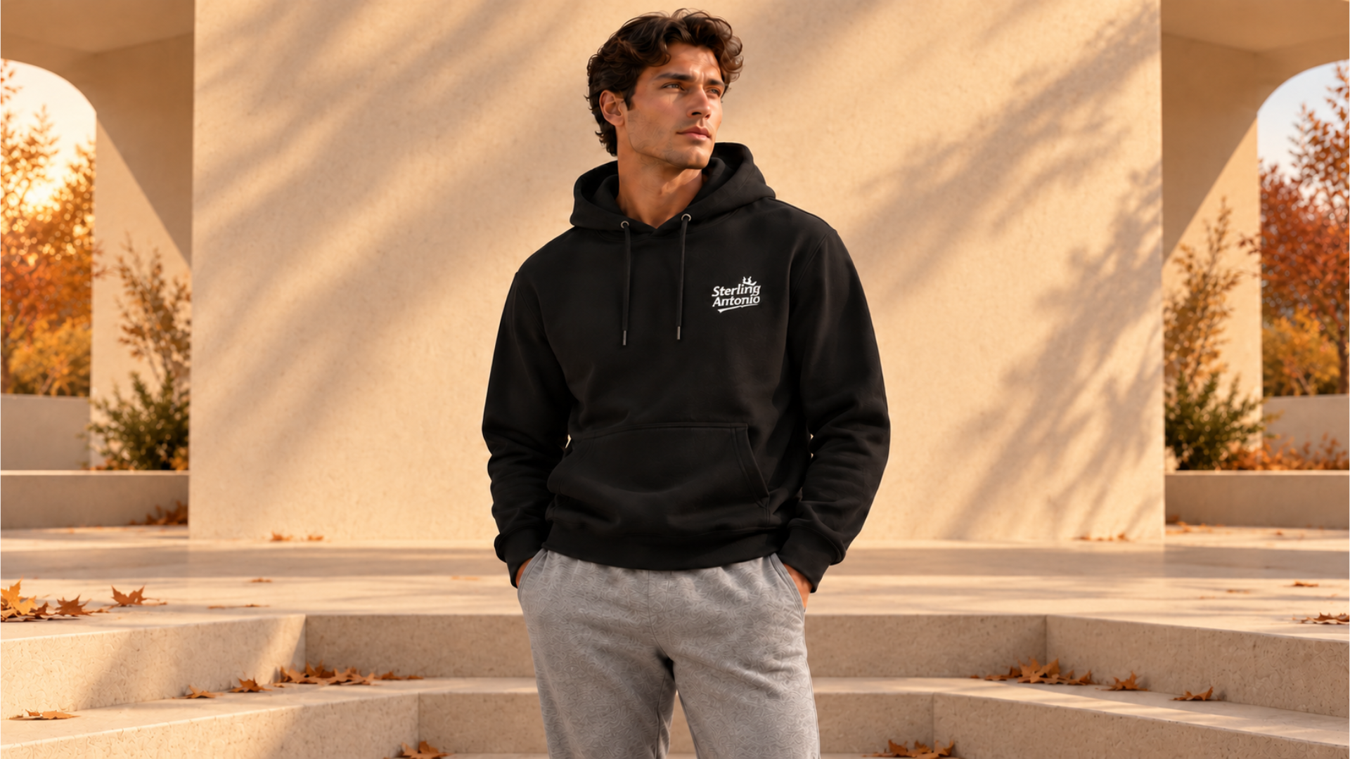 A man wearing a black pullover hoodie with a white embroidered logo on the left chest, paired with light gray sweatpants, standing on outdoor concrete steps under warm sunlight.