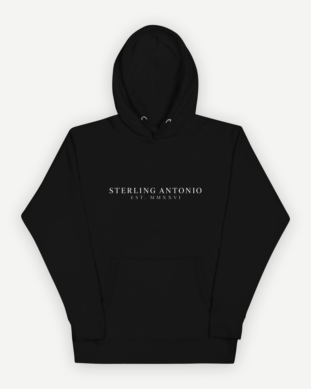 The Founders Hoodie in black, front view, with the Sterling Antonio wordmark and EST. MMXXVI printed in white