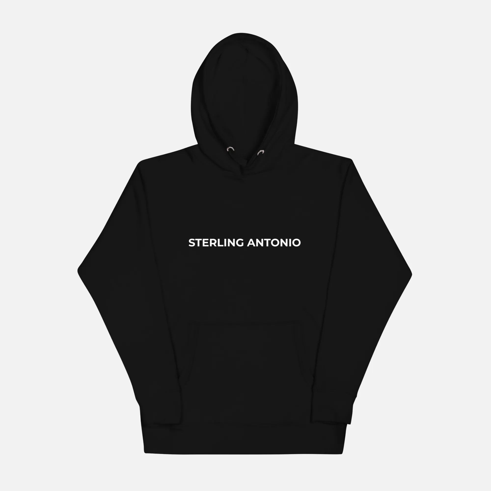 Black hoodie with 'STERLING ANTONIO' text on a white background