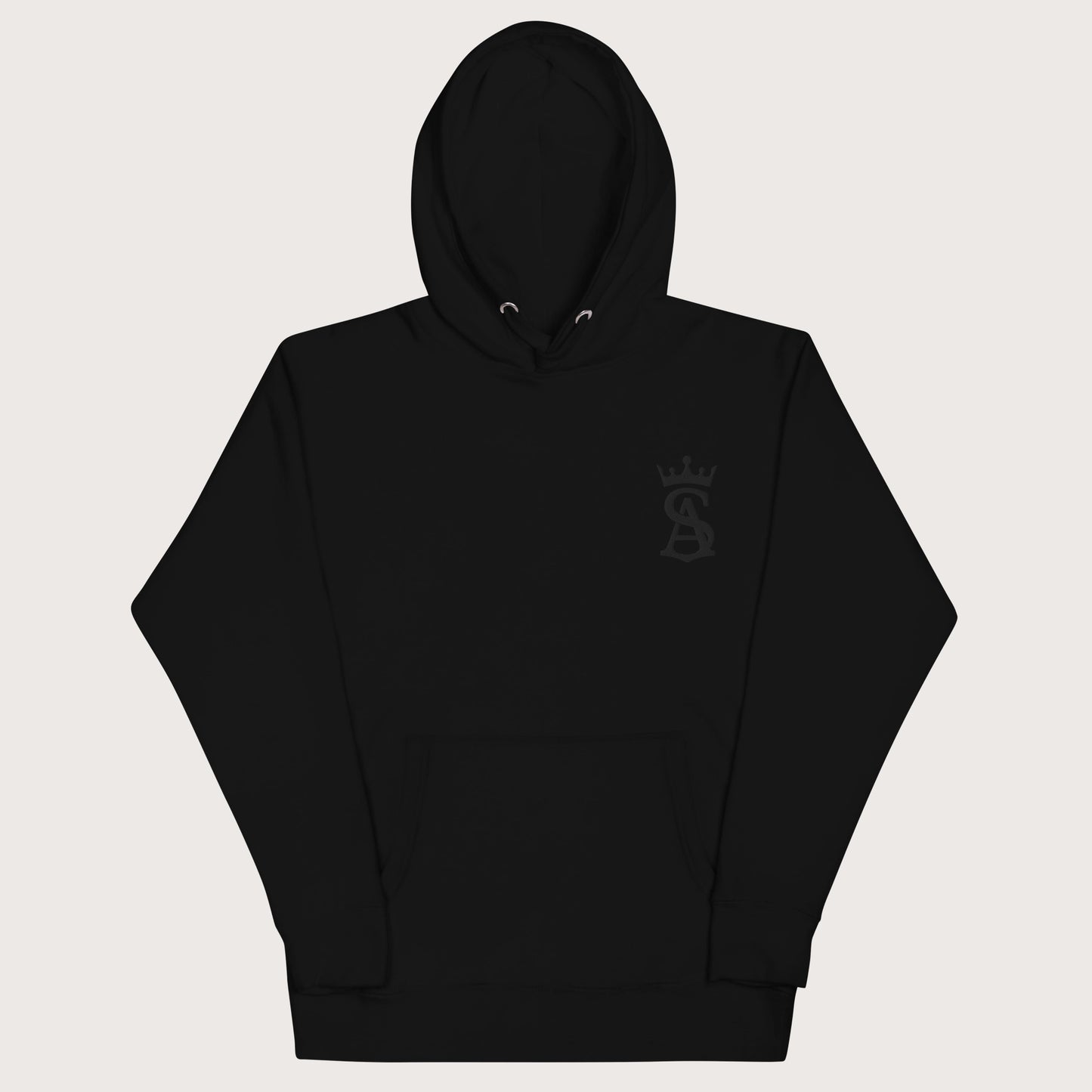 Black hoodie with a brand logo on a white background