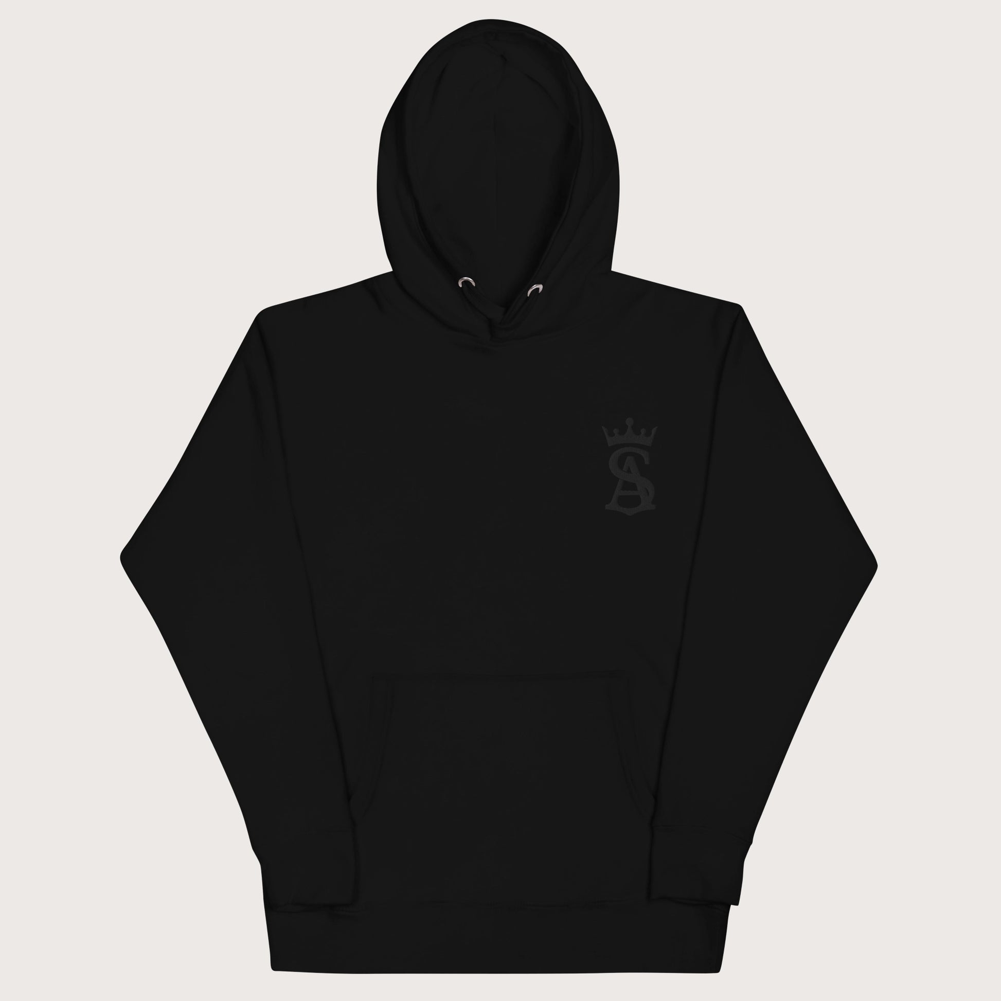 Black hoodie with a brand logo on a white background