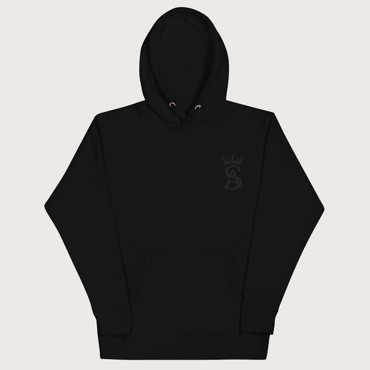 Black hoodie with a brand logo on a white background