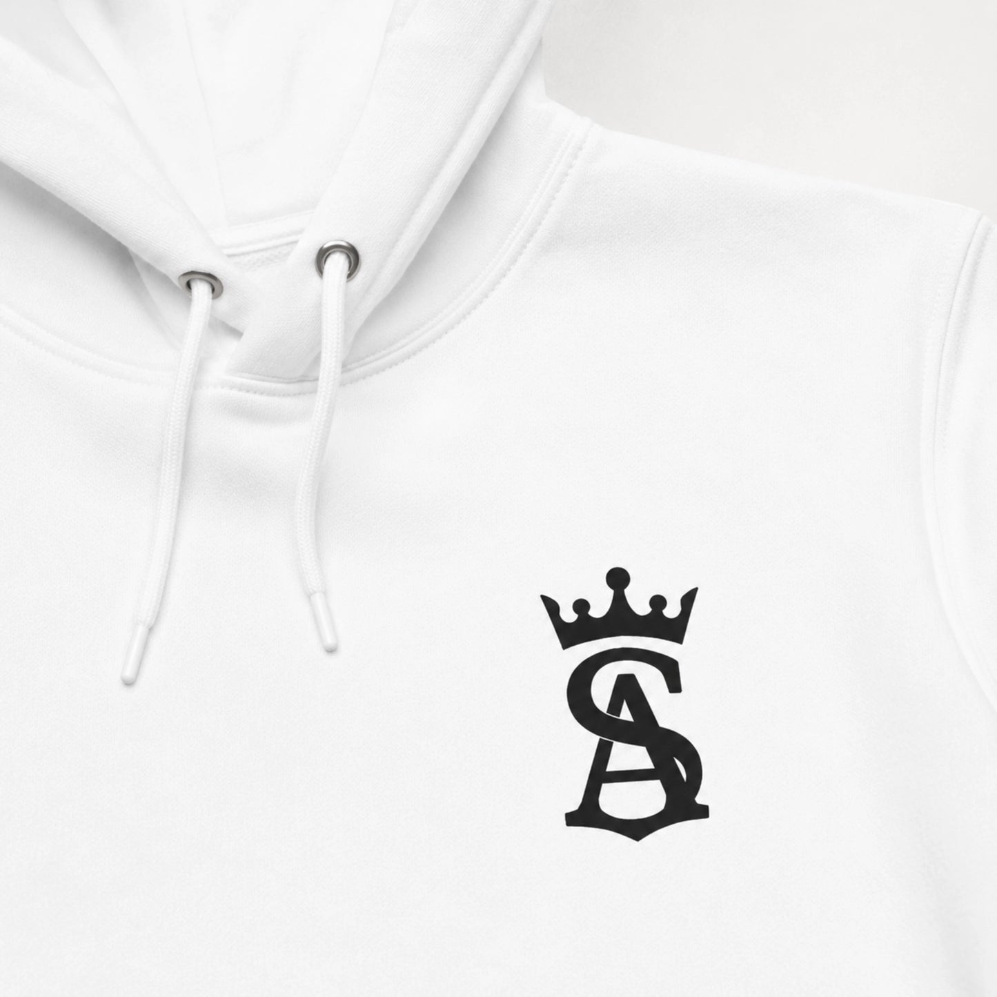 White hoodie with a black logo on the chest