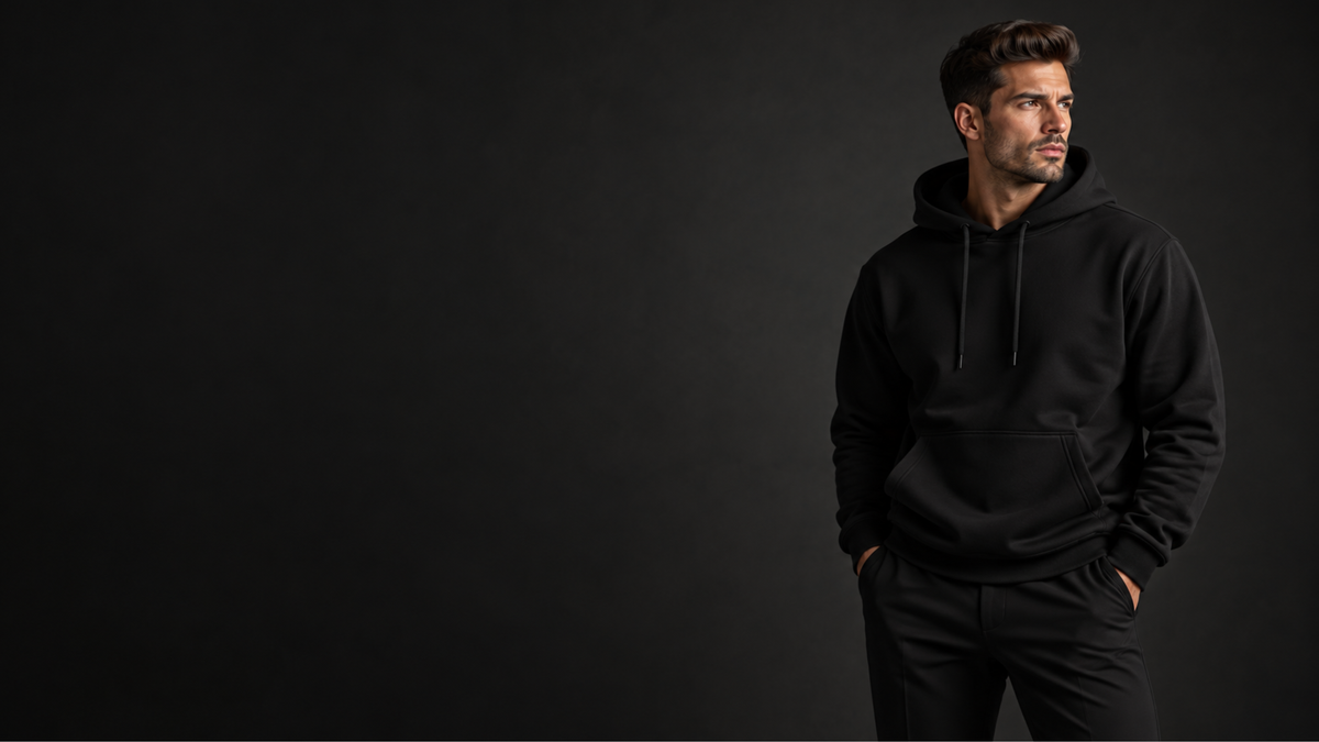 Man in The Black Label Hoodie with tonal SA monogram, standing against a dark studio background. Sterling Antonio