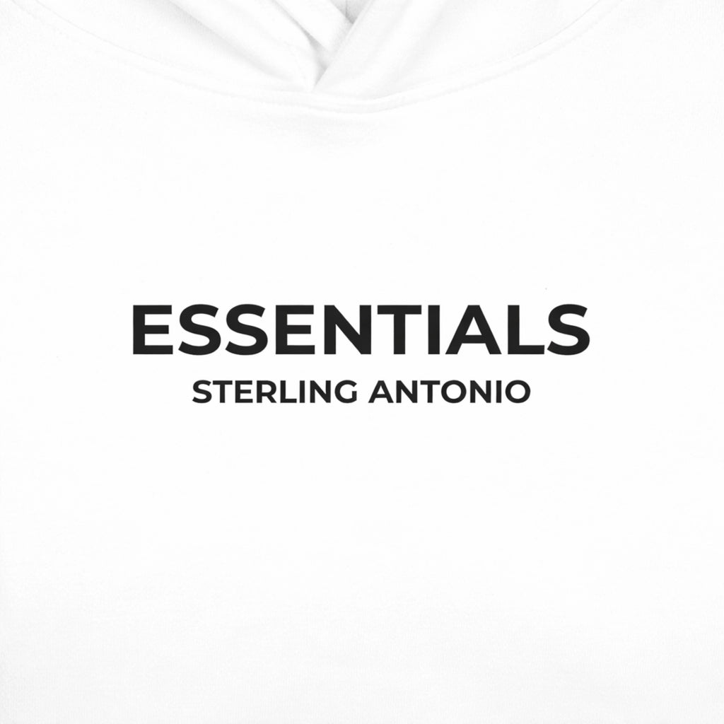 White hoodie with 'ESSENTIALS' and 'STERLING ANTONIO' text on a white background