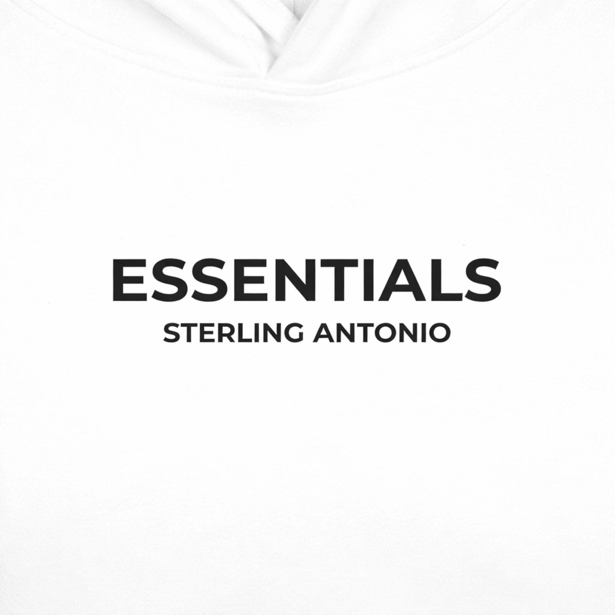 White hoodie with 'ESSENTIALS' and 'STERLING ANTONIO' text on a white background