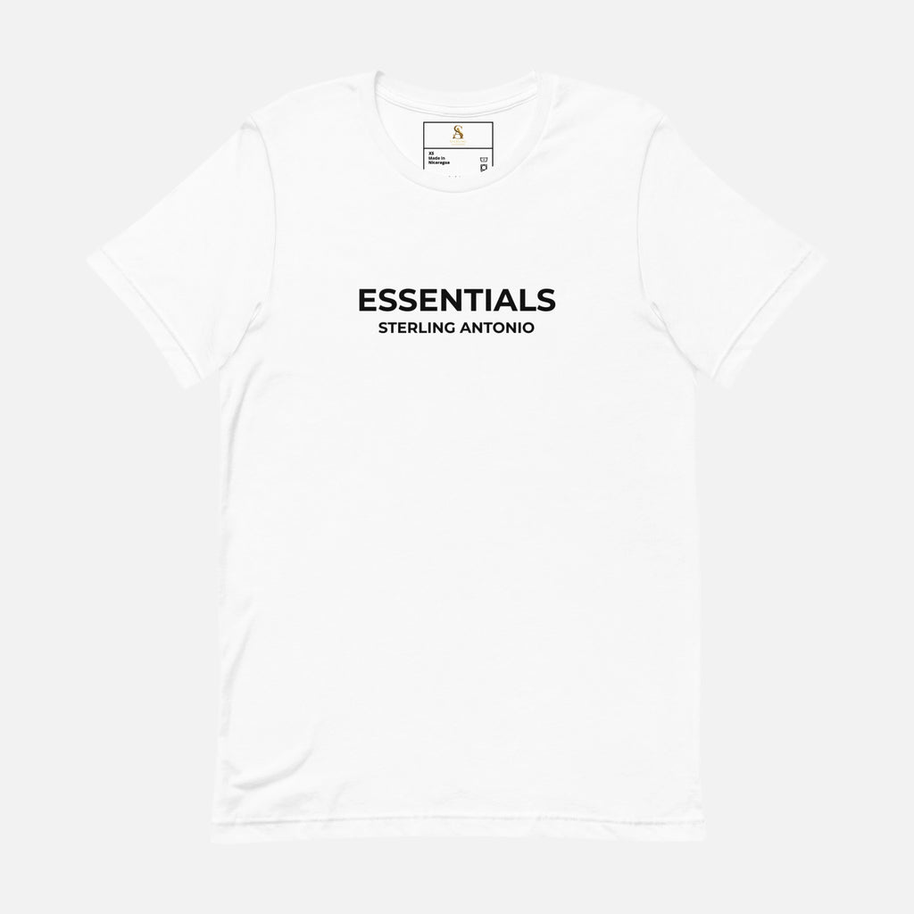 White tank top with 'ESSENTIALS' and 'STERLING ANTONIO' text on a white background