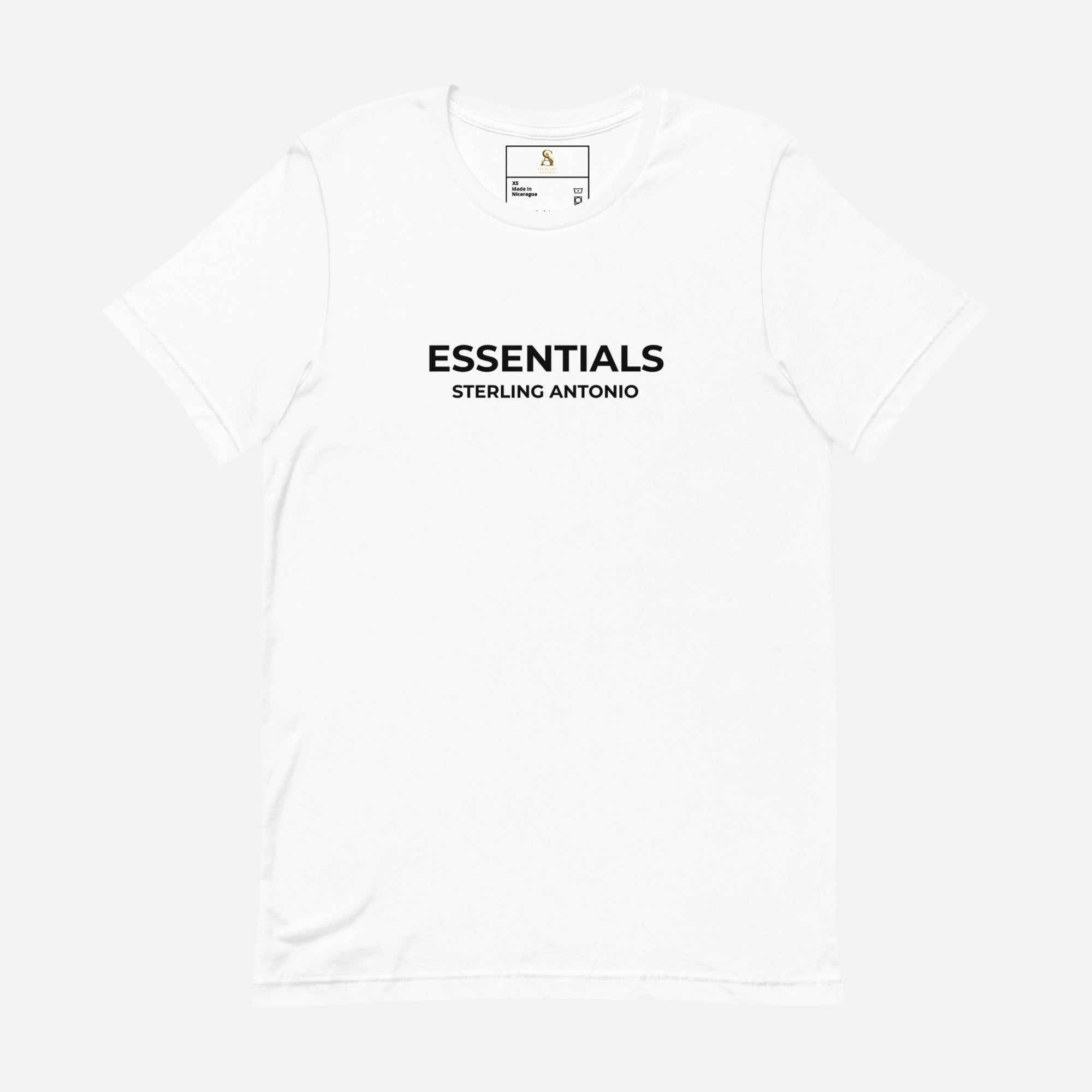 White tank top with 'ESSENTIALS' and 'STERLING ANTONIO' text on a white background